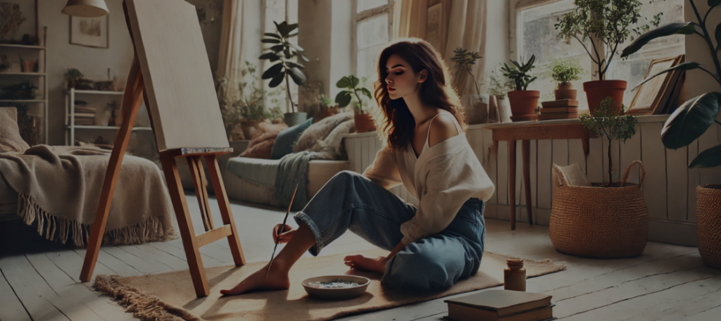 A peaceful, introspective woman sitting alone in a softly lit room filled with natural light. She is surrounded by books, plants, and soft textiles