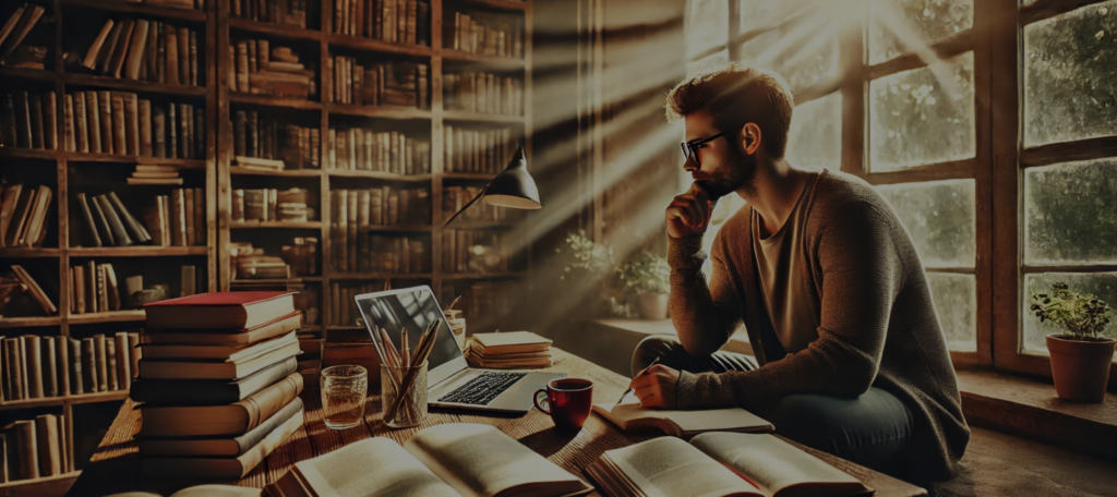 ein Menschen studiert viel Bücher