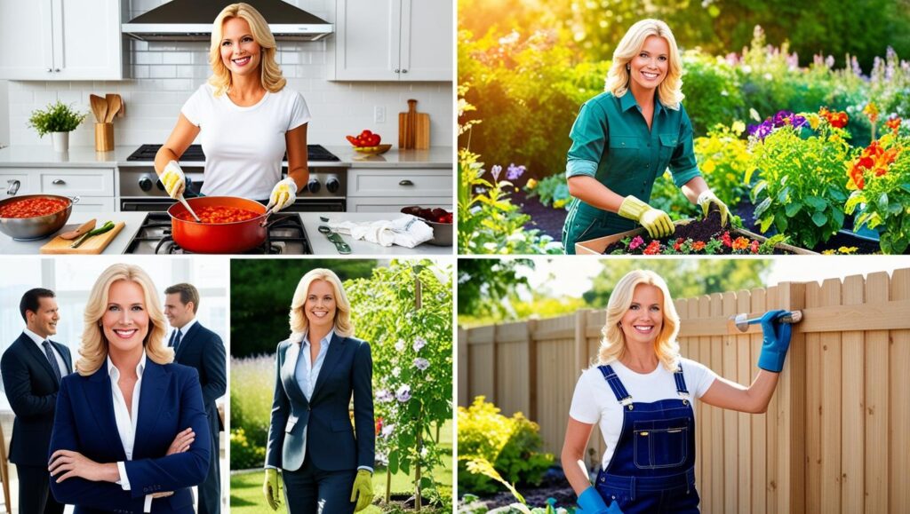 showing the same blonde woman in four different scenes, emphasizing her as a natural multi-talent