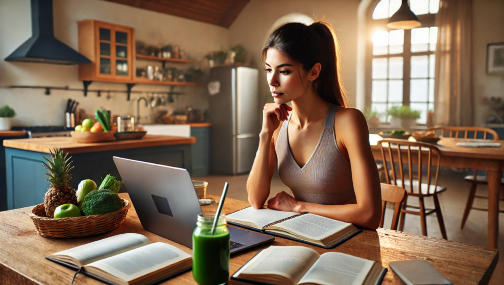 woman sits at a kitchen table with open books, notes, and a laptop. She is interested in nutrition, health, and fitness